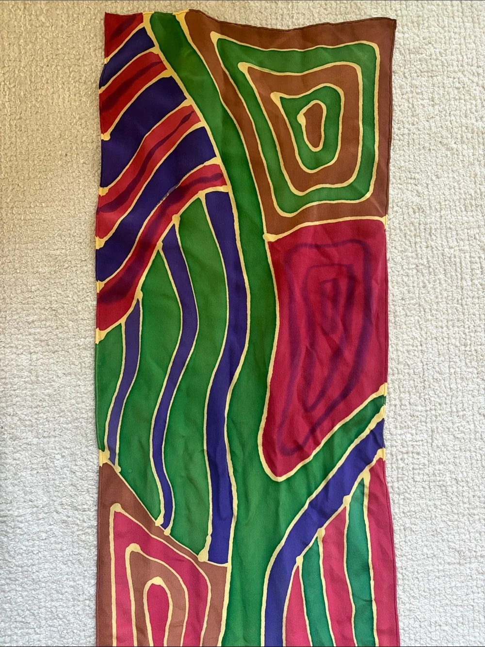 Vintage Abstract Multicolor Geometric Silk Scarf Hand Rolled Hem